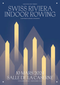Affiche des Swiss Riviera Indoors Rowing qui auront lieu le 10 mars 2024 à la salle de la caserne à Vevey, en Suisse.