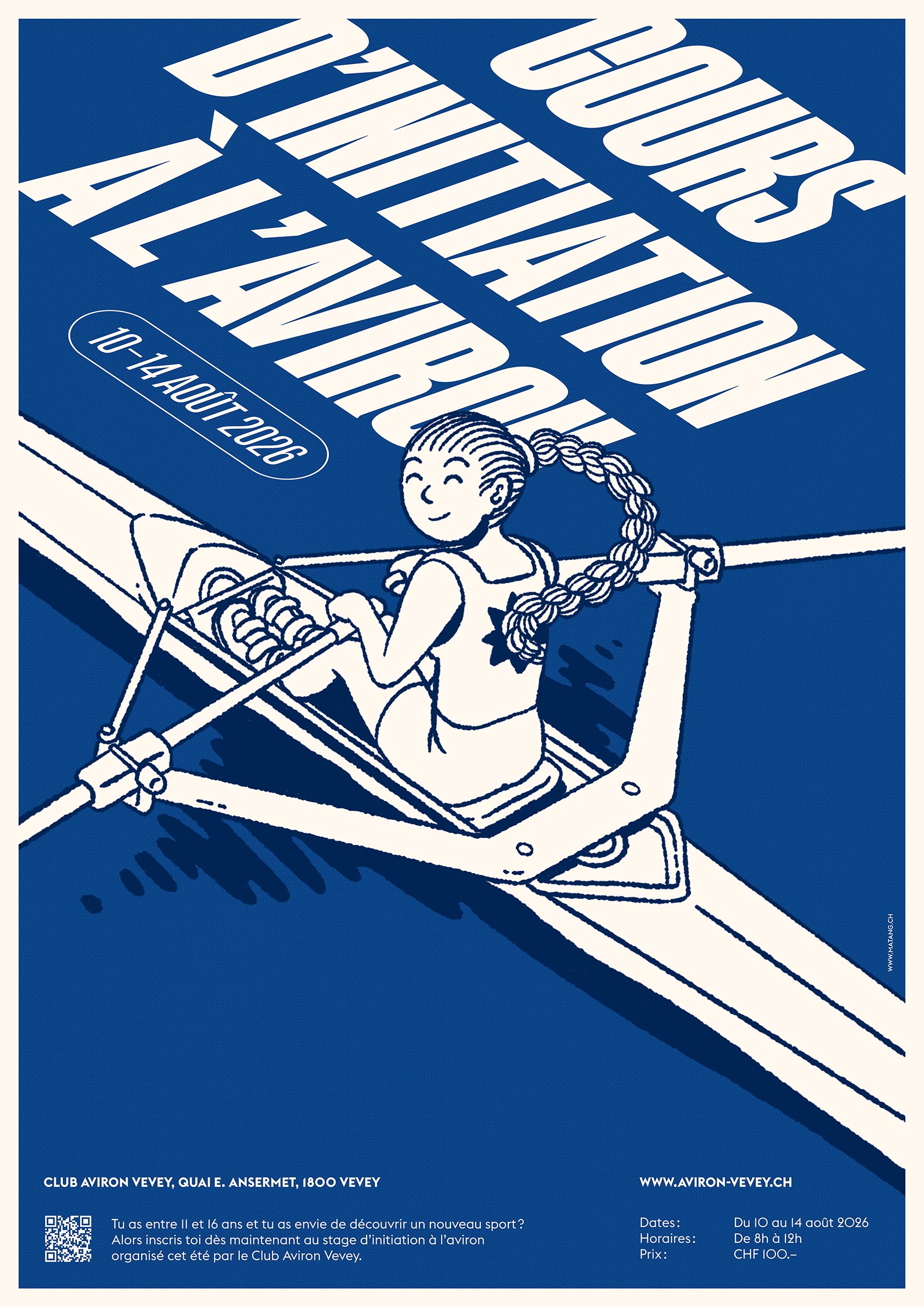 Affiche du cours d'initiation à l'aviron proposé par le club aviron de vevey durant le mois d'août. On y voit un dessin d'une jeune fille sur un skiff.