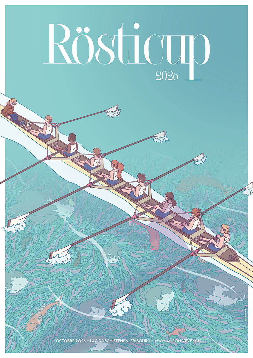 Affiche de l'édition 2026 de la Rösticup 2026. On y voit un dessin d'un bateau avec huit rameurs vu du dessus ainsi que le fond du lac avec des algues et des poissons multi-colores. 