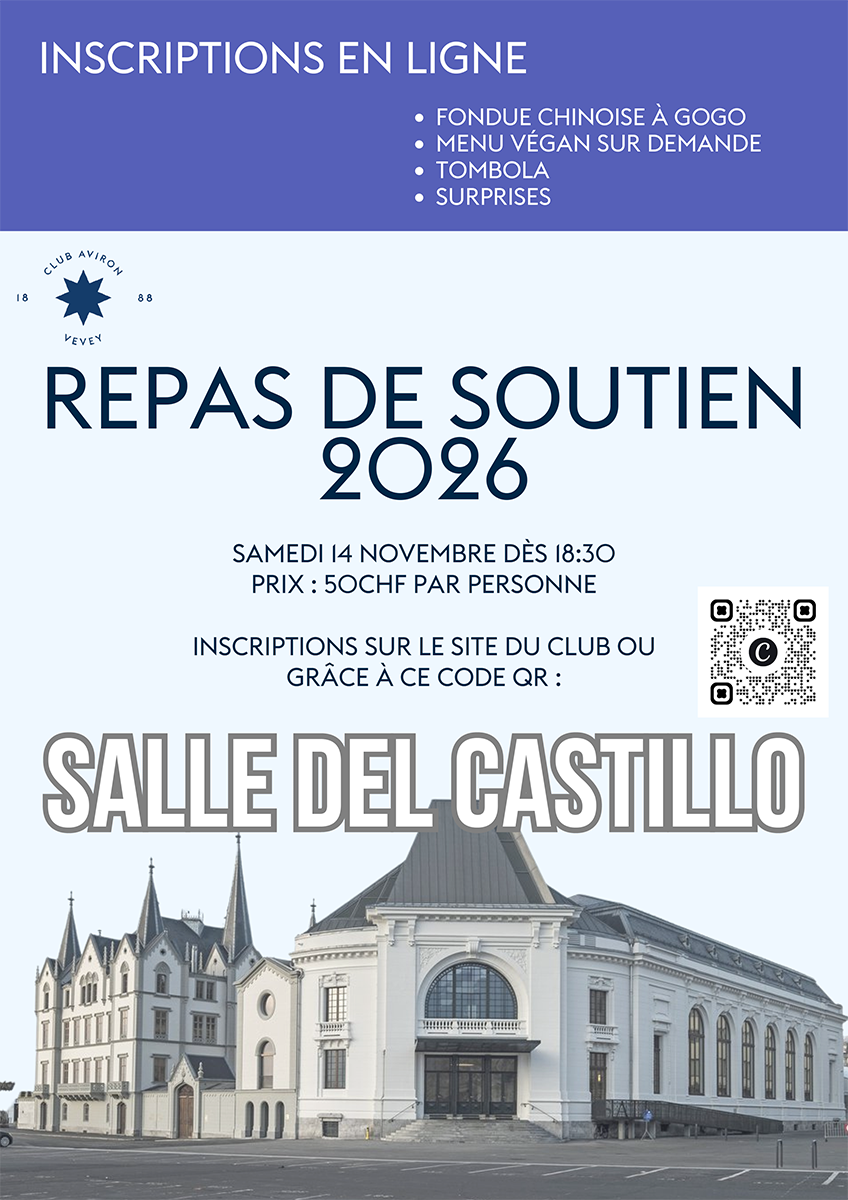 Affiche du repas de soutien 2026 du club aviron de Vevey, on y voit la salle Del Castillo avec un lien pour s'inscrire à l'événement