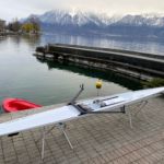 Nouveaux skiff au Club Aviron Vevey - Vue de la coque avec le port en arrière-plan