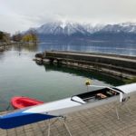 Nouveaux skiff au Club Aviron Vevey - Vue de la coque avec le port en arrière-plan